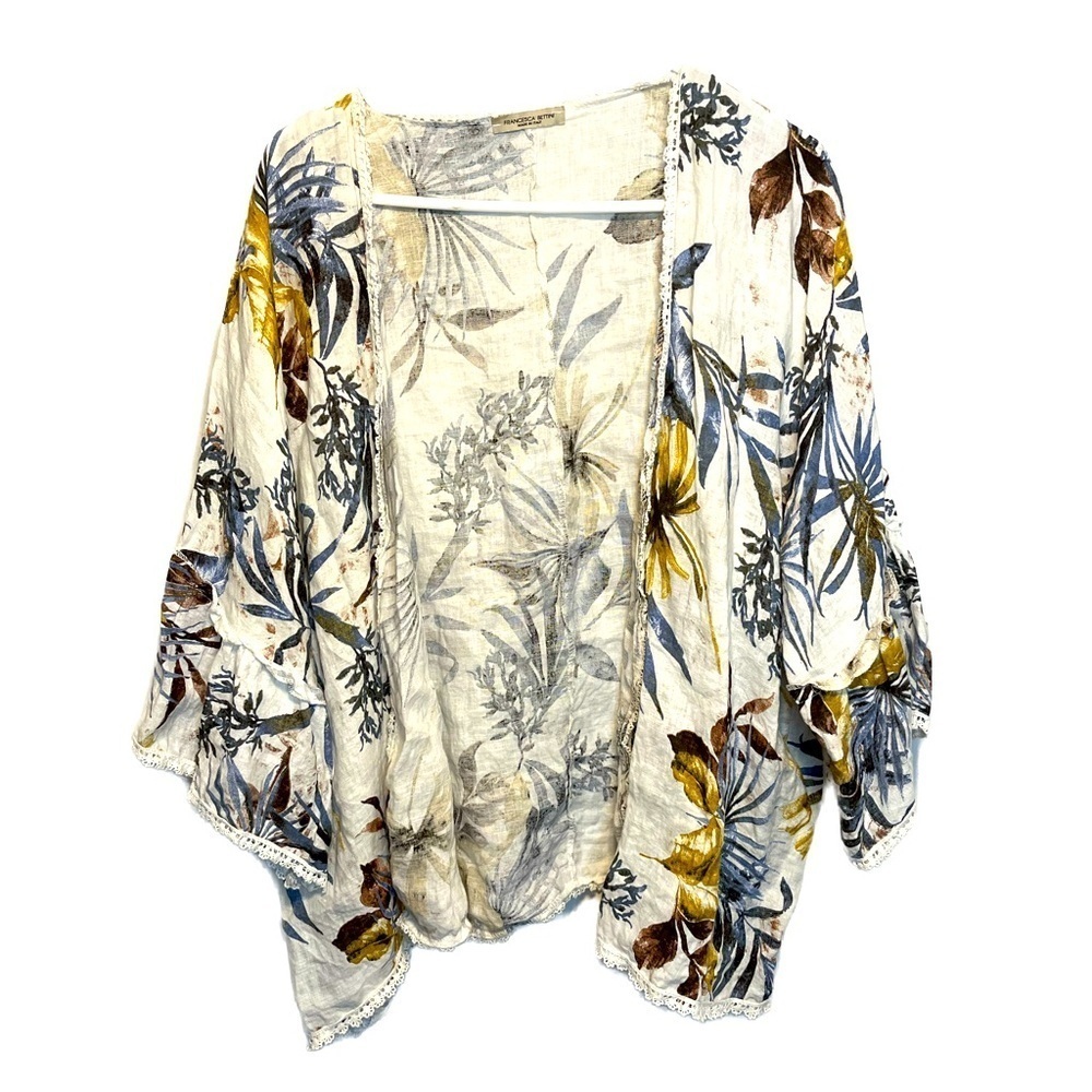Francesca Bettini Linen Tropical Floral Print Open Front Kimono Cardigan OS